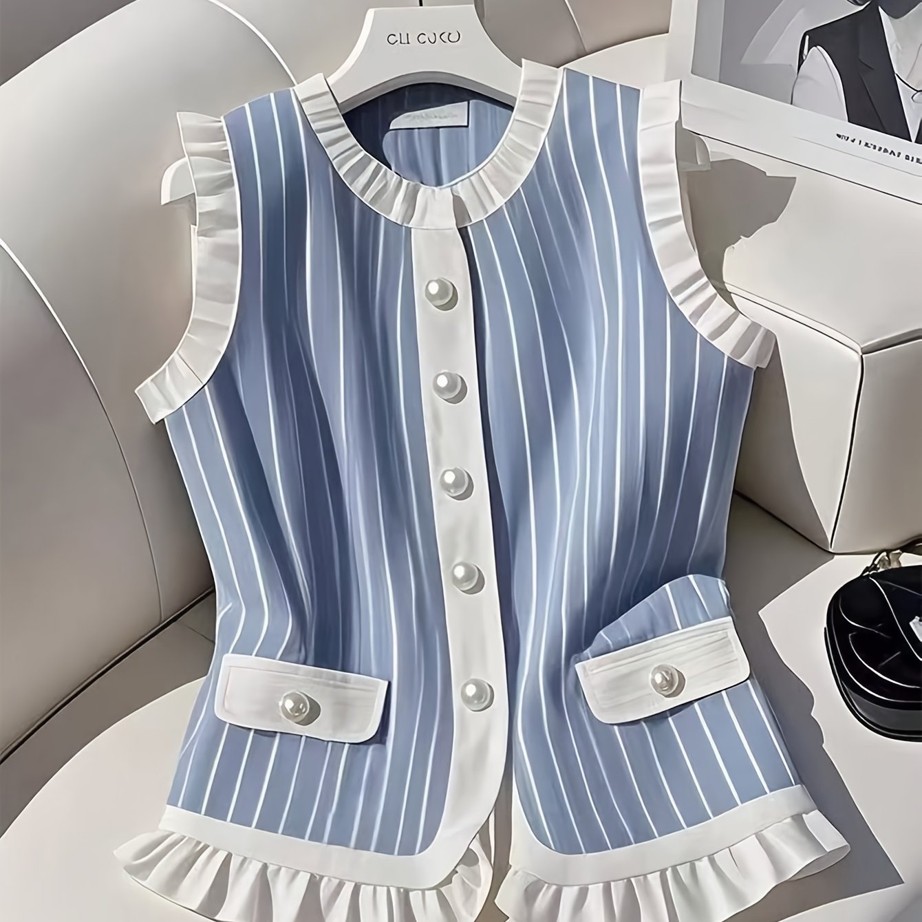 Pearl Buttons Blue & White Striped Vest
