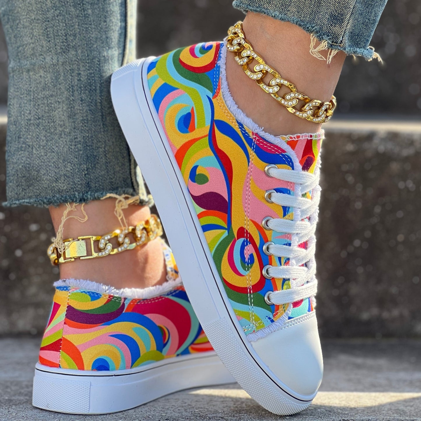 Colorful Abstract Print Sports Shoes With Laces