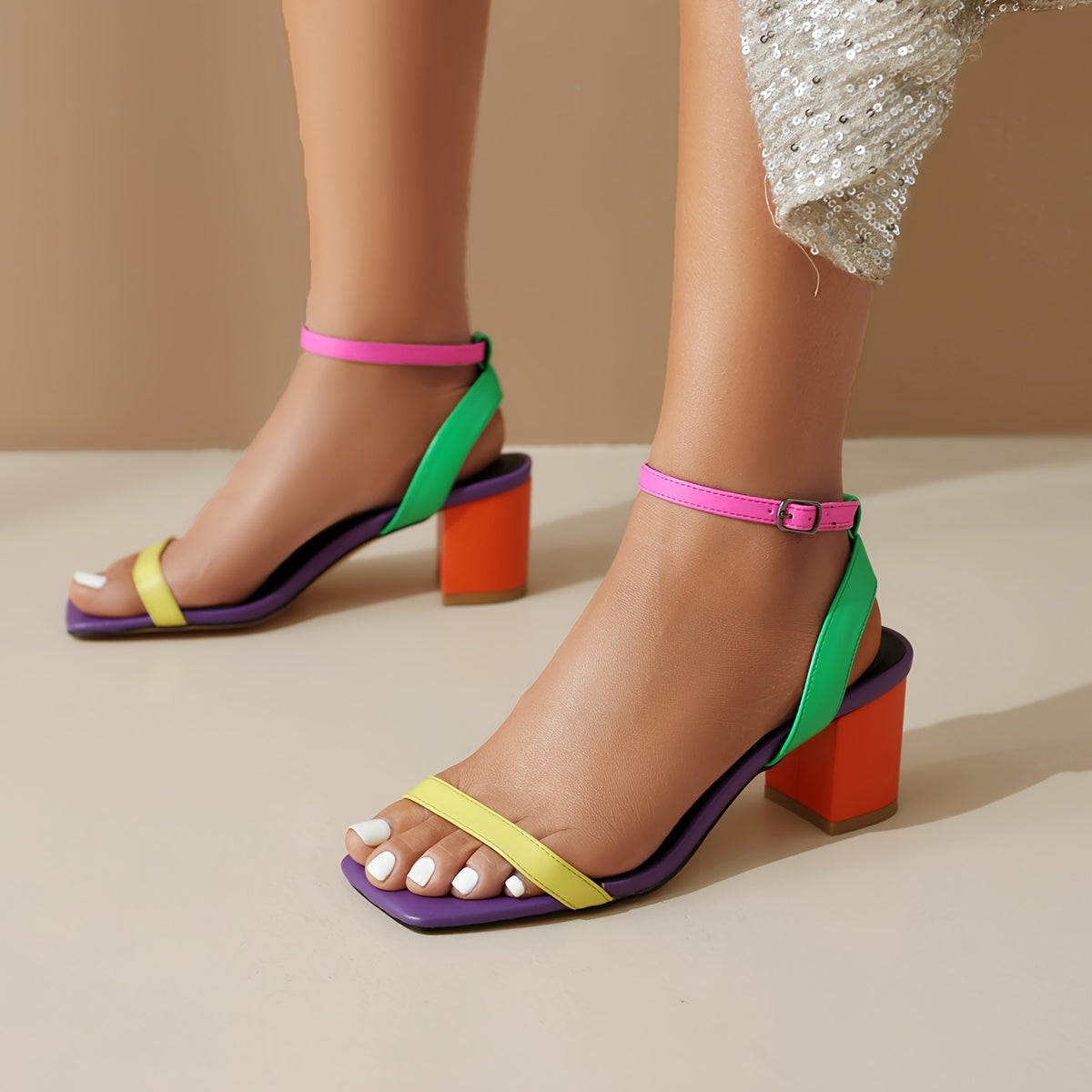 Colorful Ankle Strap Block Mid-Heel Sandals
