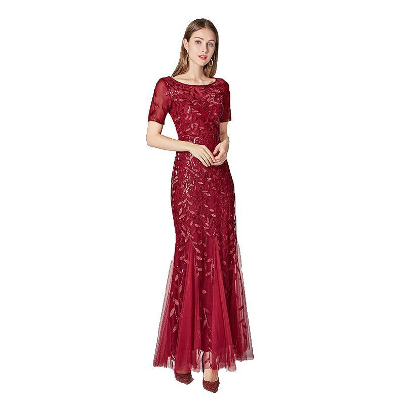 Fitted Short Sleeve Embroidery Evening Dress