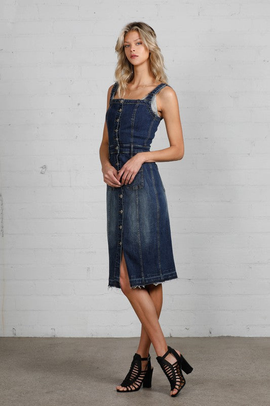 Button-front Released Raw Hem Denim Midi Dress
