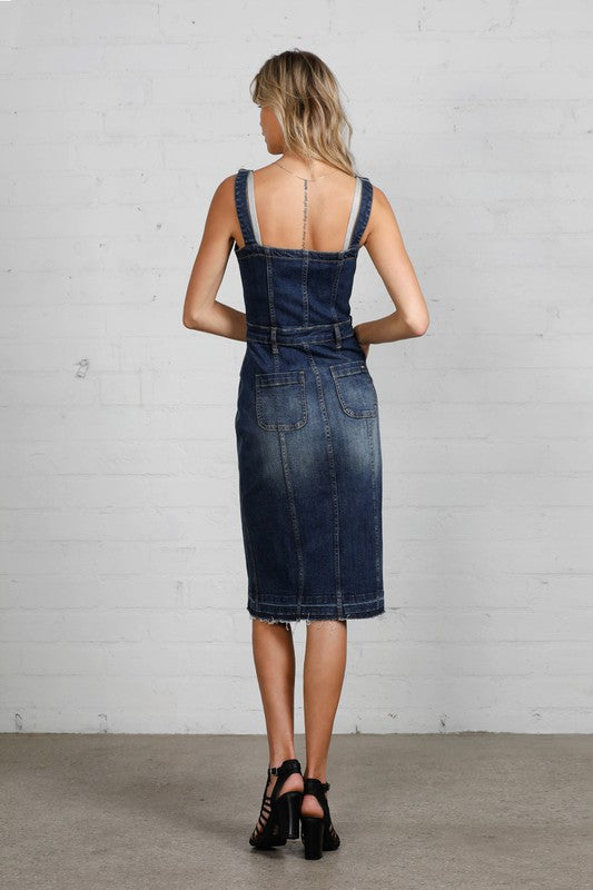 Button-front Released Raw Hem Denim Midi Dress