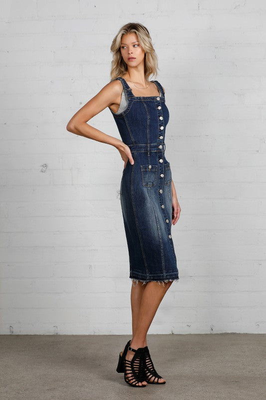Button-front Released Raw Hem Denim Midi Dress