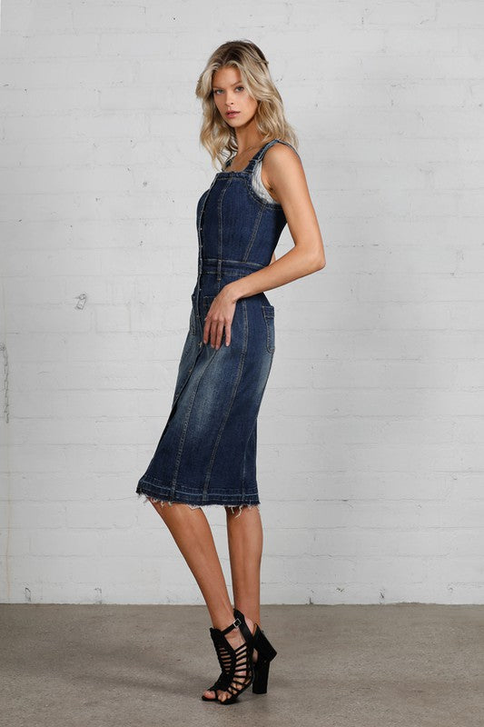 Button-front Released Raw Hem Denim Midi Dress