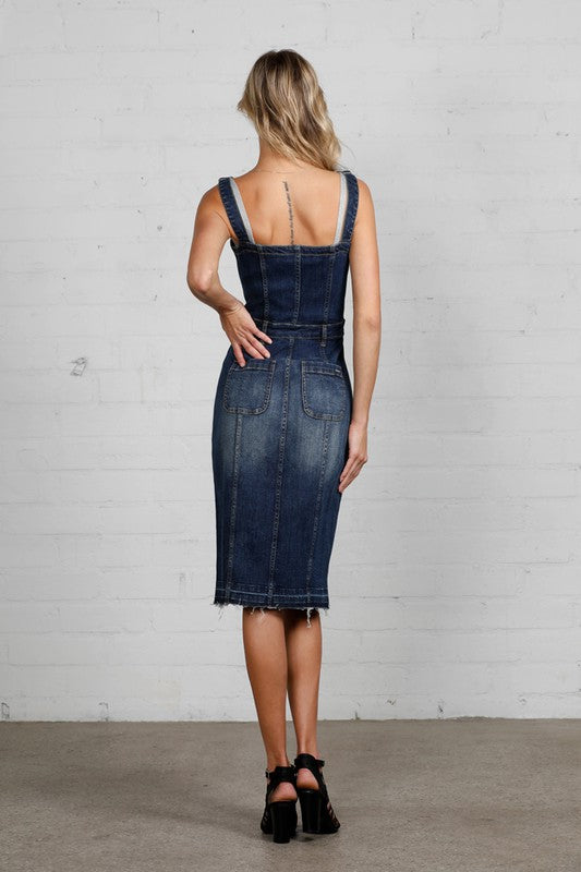 Button-front Released Raw Hem Denim Midi Dress