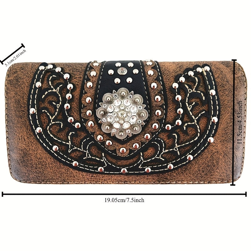Western Style Brown Concho Studded Shoulder Bag And Wallet Set