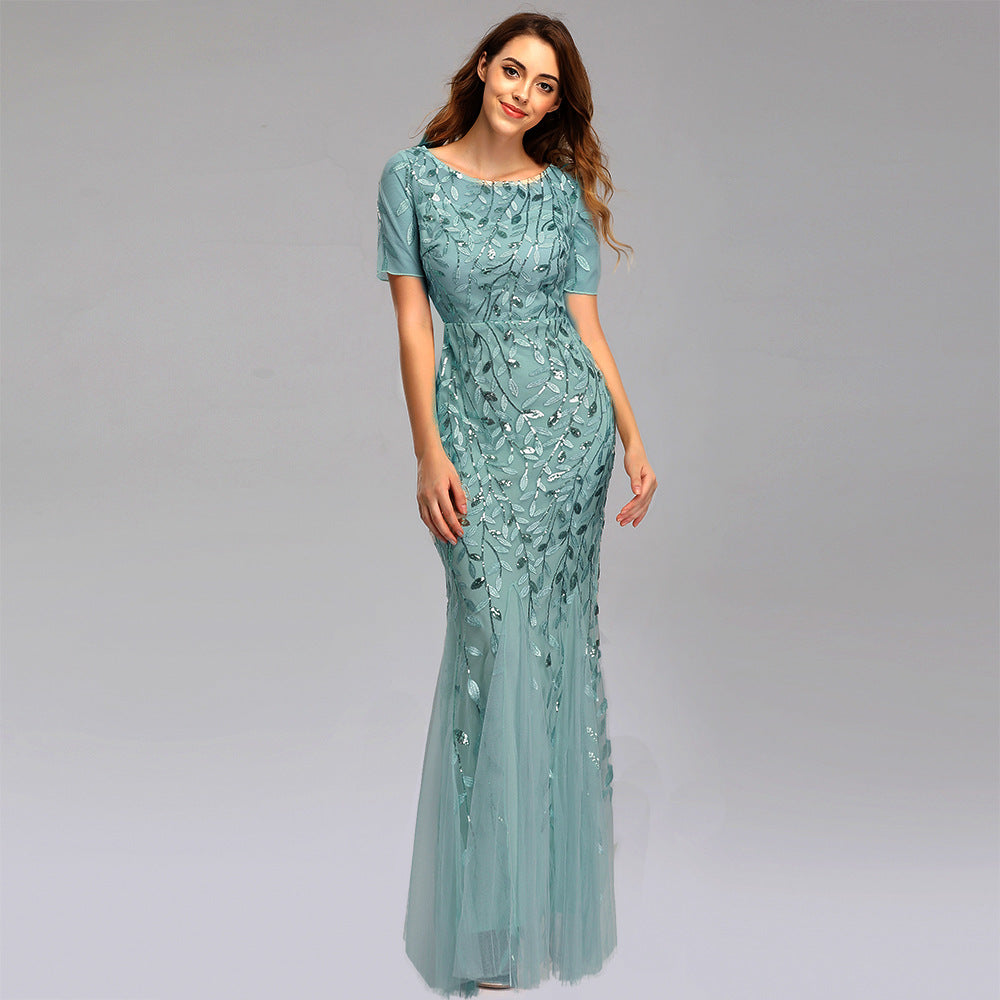 Fitted Short Sleeve Embroidery Evening Dress