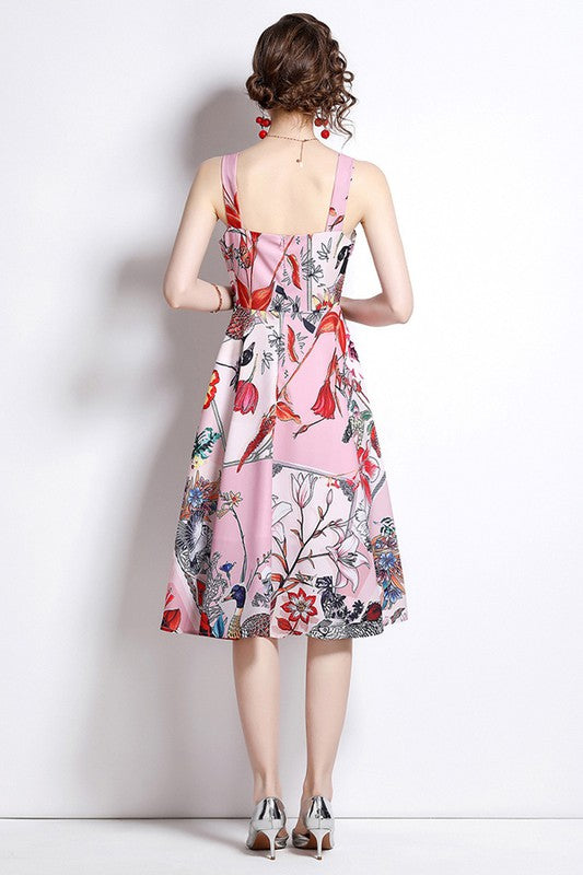 Vintage Floral Print Square Neck Dress