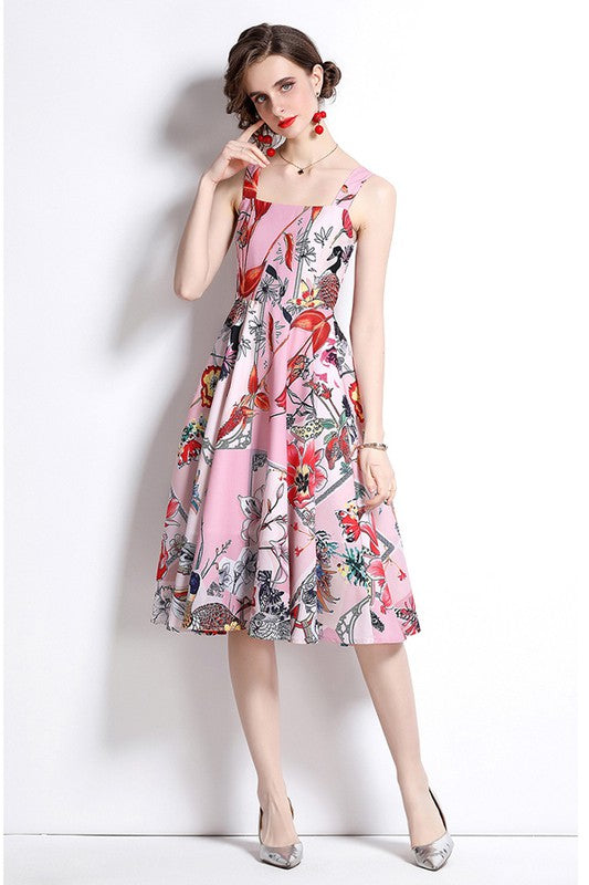 Vintage Floral Print Square Neck Dress