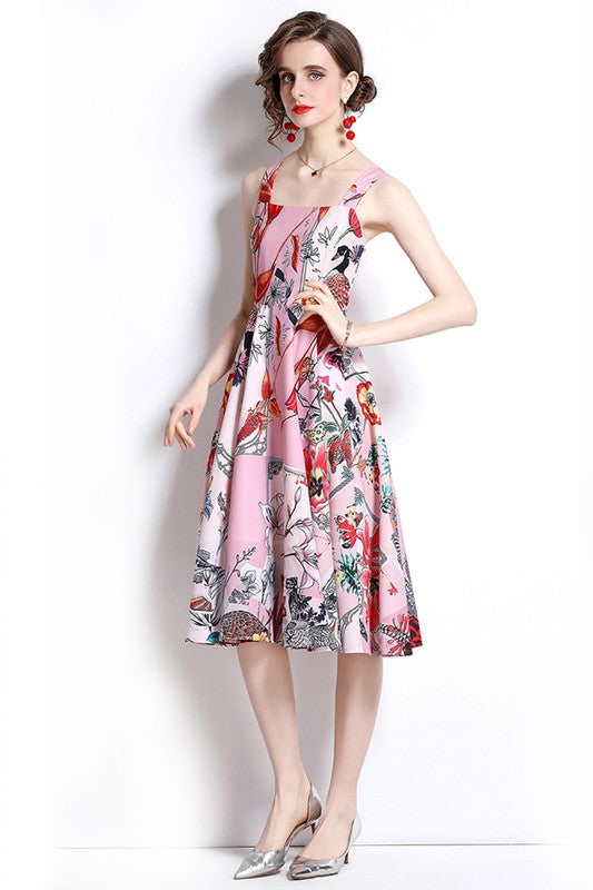 Vintage Floral Print Square Neck Dress