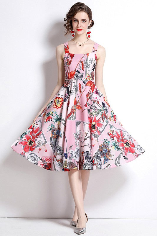 Vintage Floral Print Square Neck Dress