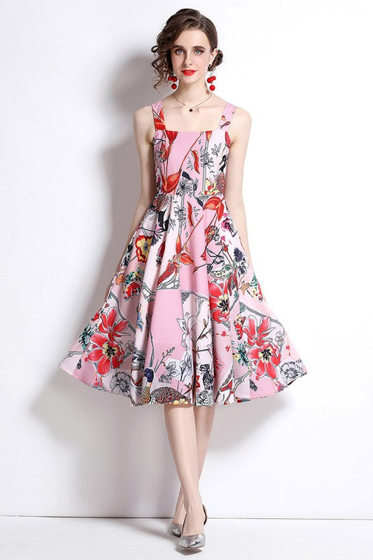 Vintage Floral Print Square Neck Dress