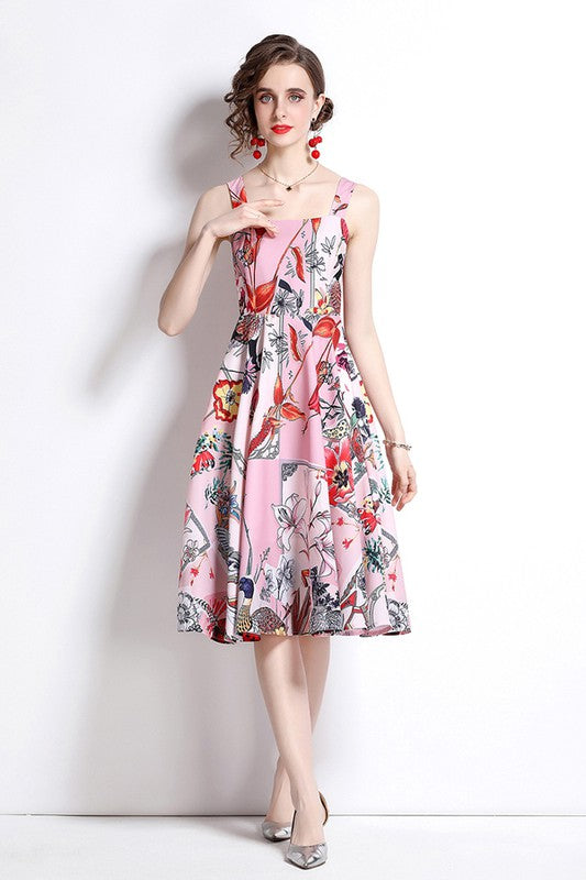 Vintage Floral Print Square Neck Dress