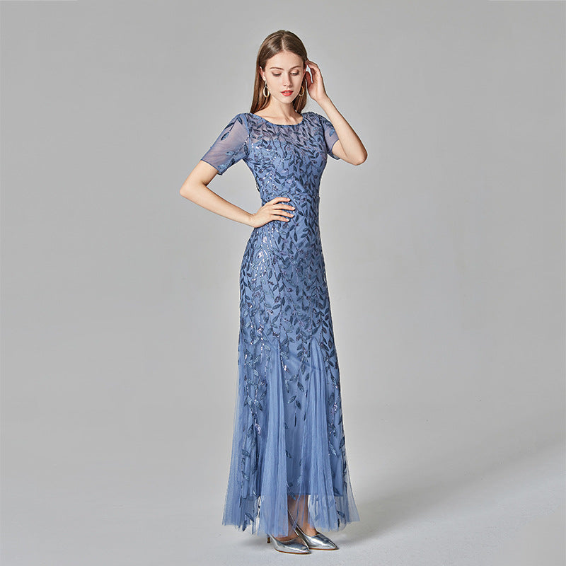 Fitted Short Sleeve Embroidery Evening Dress