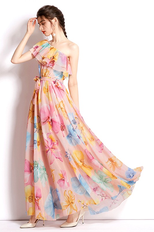 One Shoulder Long Floral Dress