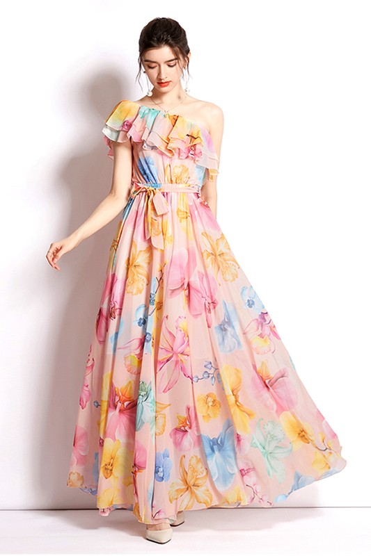 One Shoulder Long Floral Dress