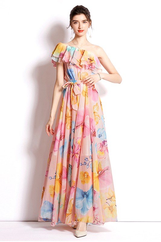 One Shoulder Long Floral Dress