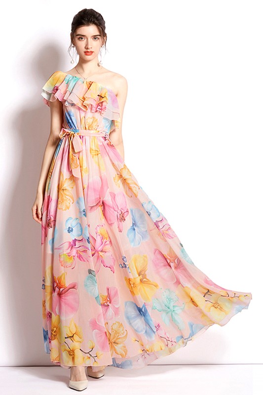 One Shoulder Long Floral Dress