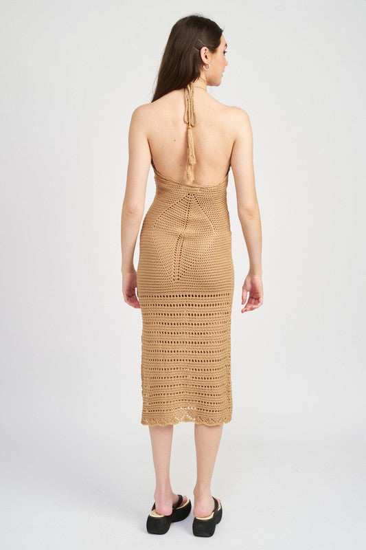Crochet halter midi dress with slit