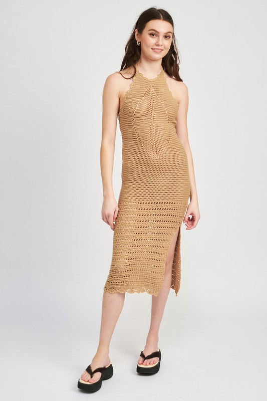 Crochet halter midi dress with slit