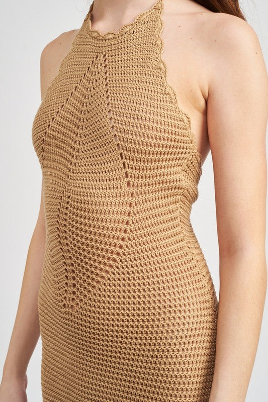 Crochet halter midi dress with slit