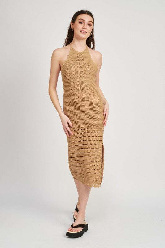 Crochet halter midi dress with slit
