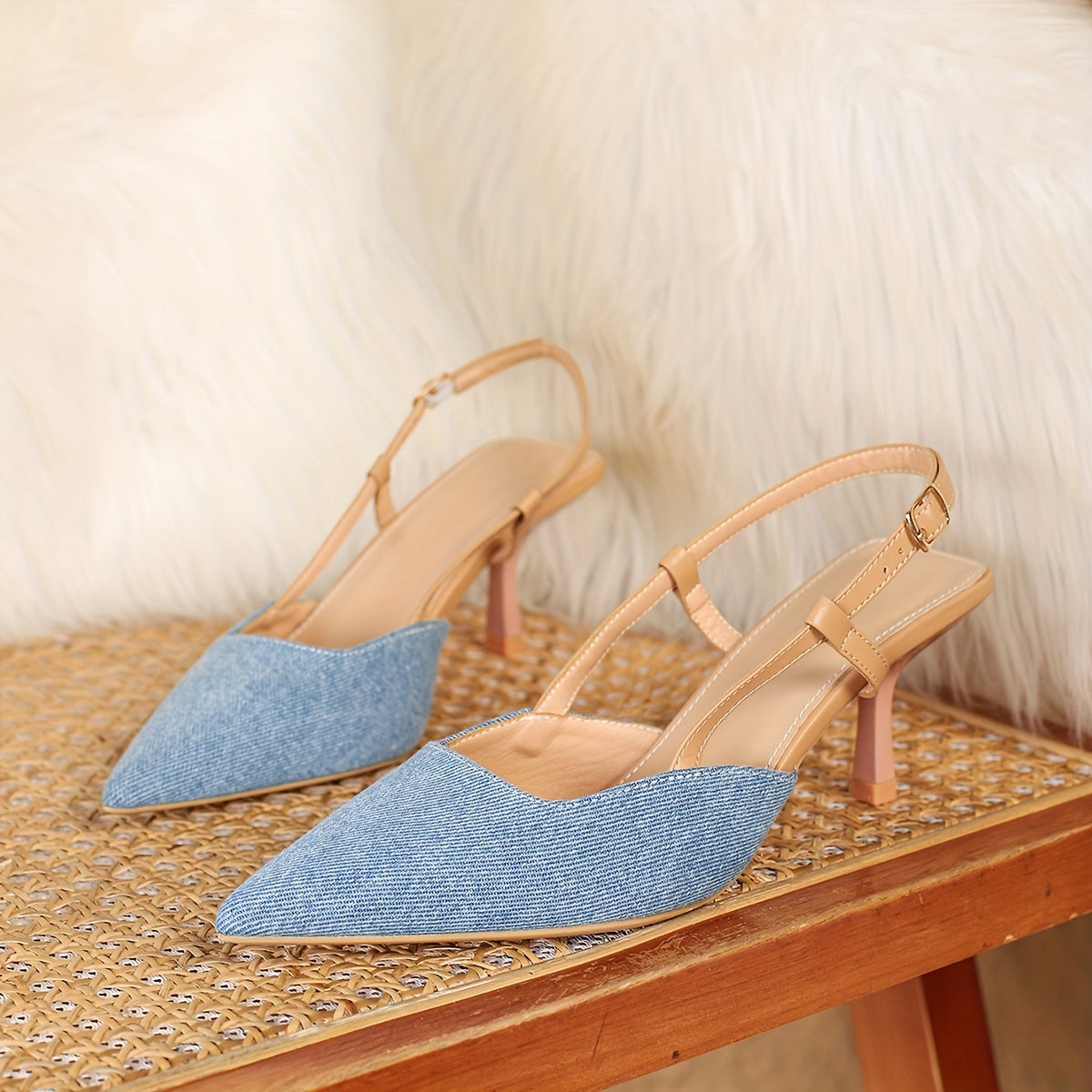 Denim Color Pointed Toe Mid Heel Sandals