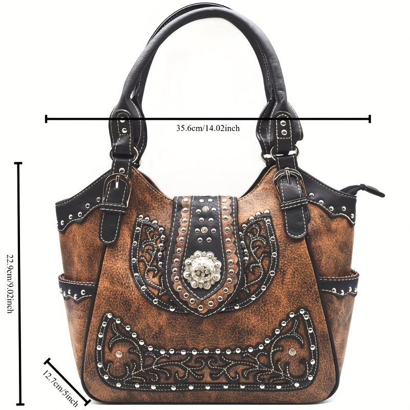 Western Style Brown Concho Studded Shoulder Bag And Wallet Set