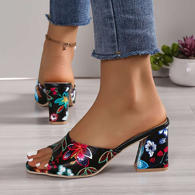 Floral Block Heel Slip-On Glam Sandals
