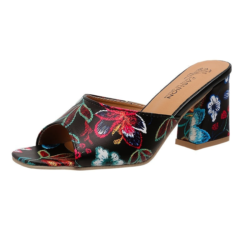 Floral Block Heel Slip-On Glam Sandals