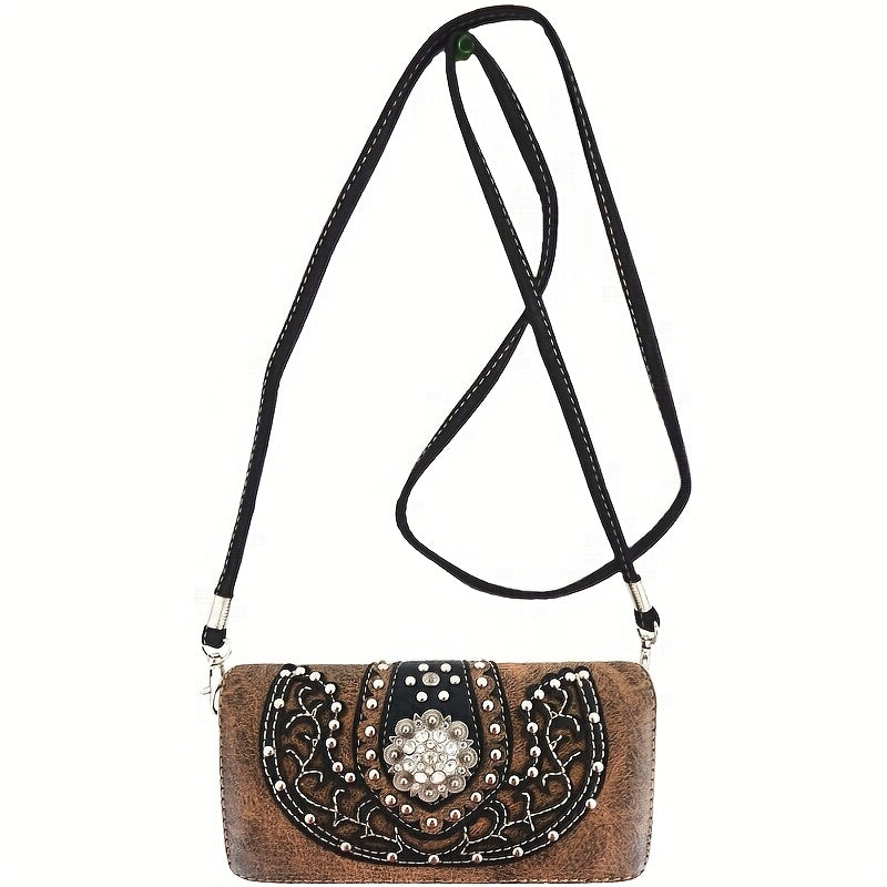 Western Style Brown Concho Studded Shoulder Bag And Wallet Set