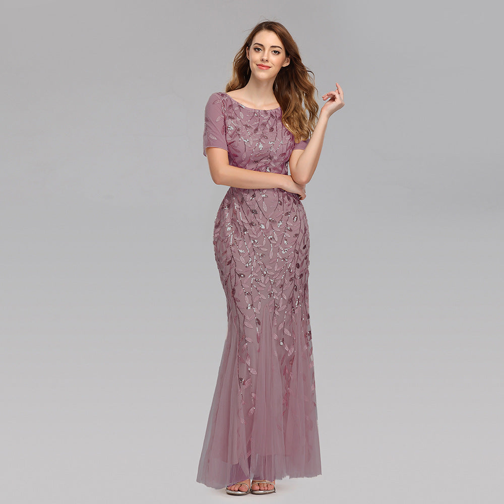 Fitted Short Sleeve Embroidery Evening Dress