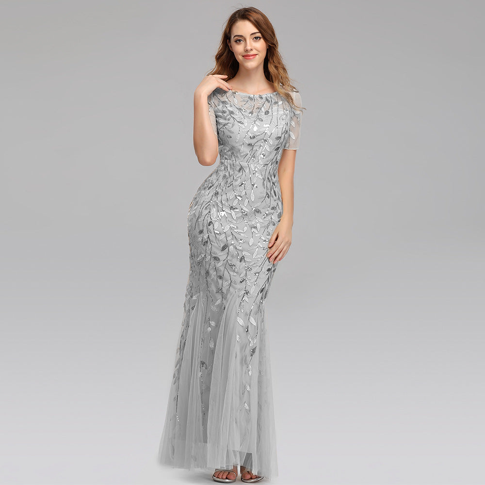 Fitted Short Sleeve Embroidery Evening Dress