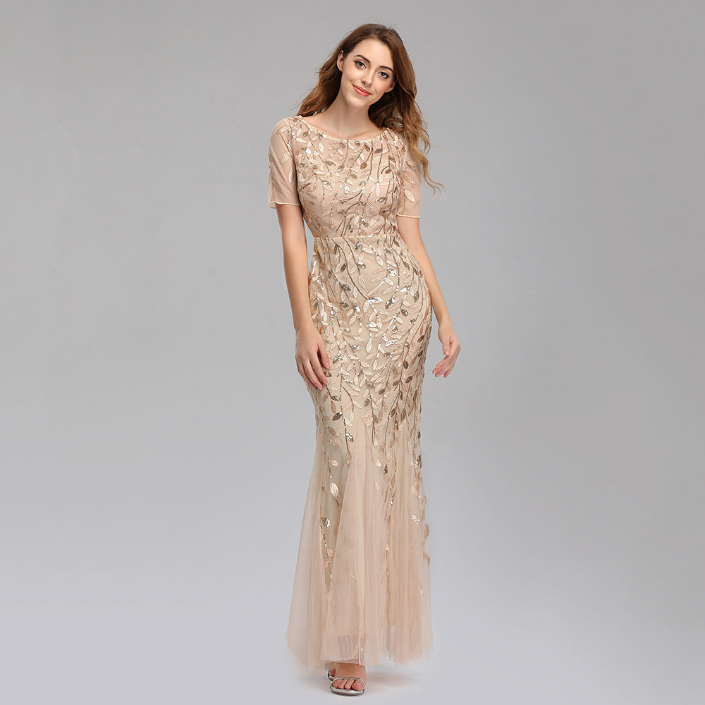 Fitted Short Sleeve Embroidery Evening Dress