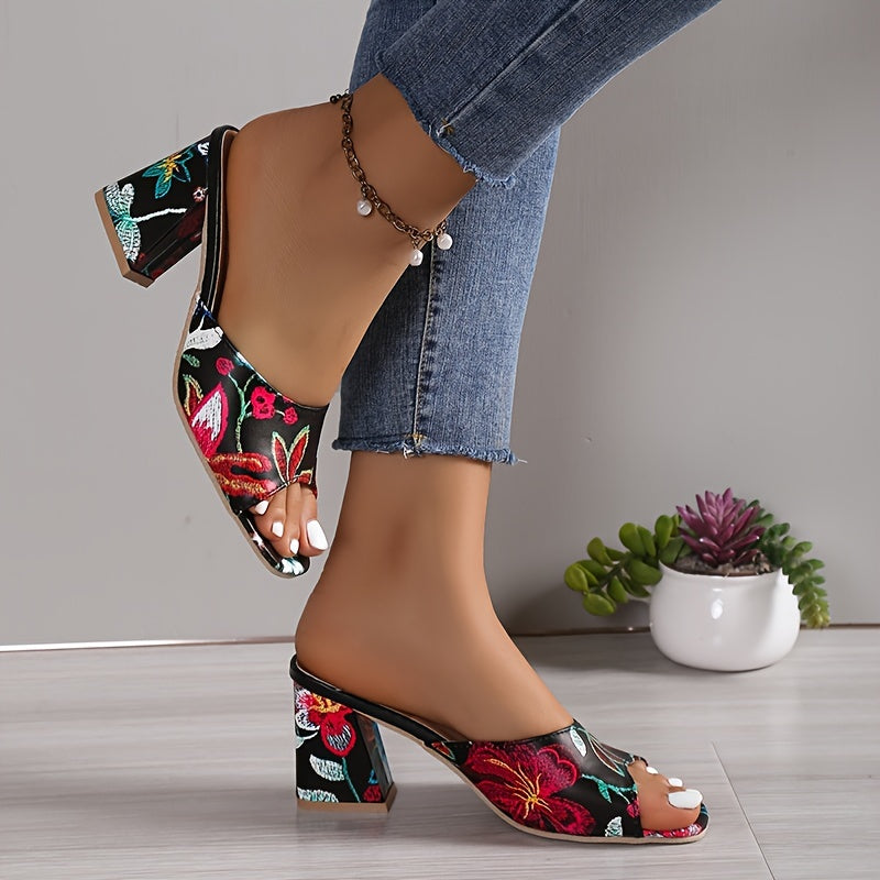 Floral Block Heel Slip-On Glam Sandals