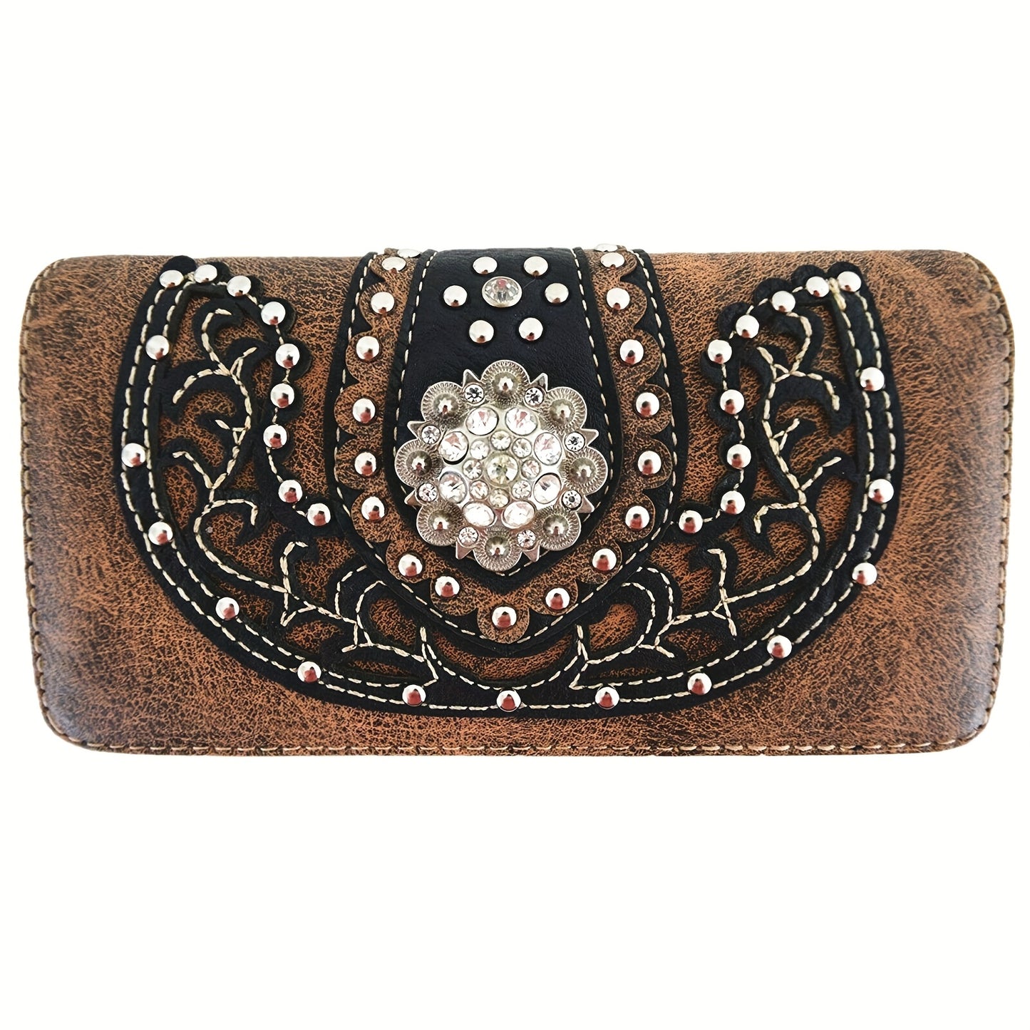 Western Style Brown Concho Studded Shoulder Bag And Wallet Set