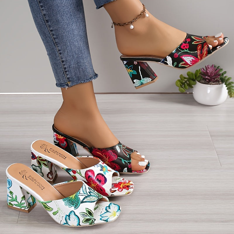 Floral Block Heel Slip-On Glam Sandals