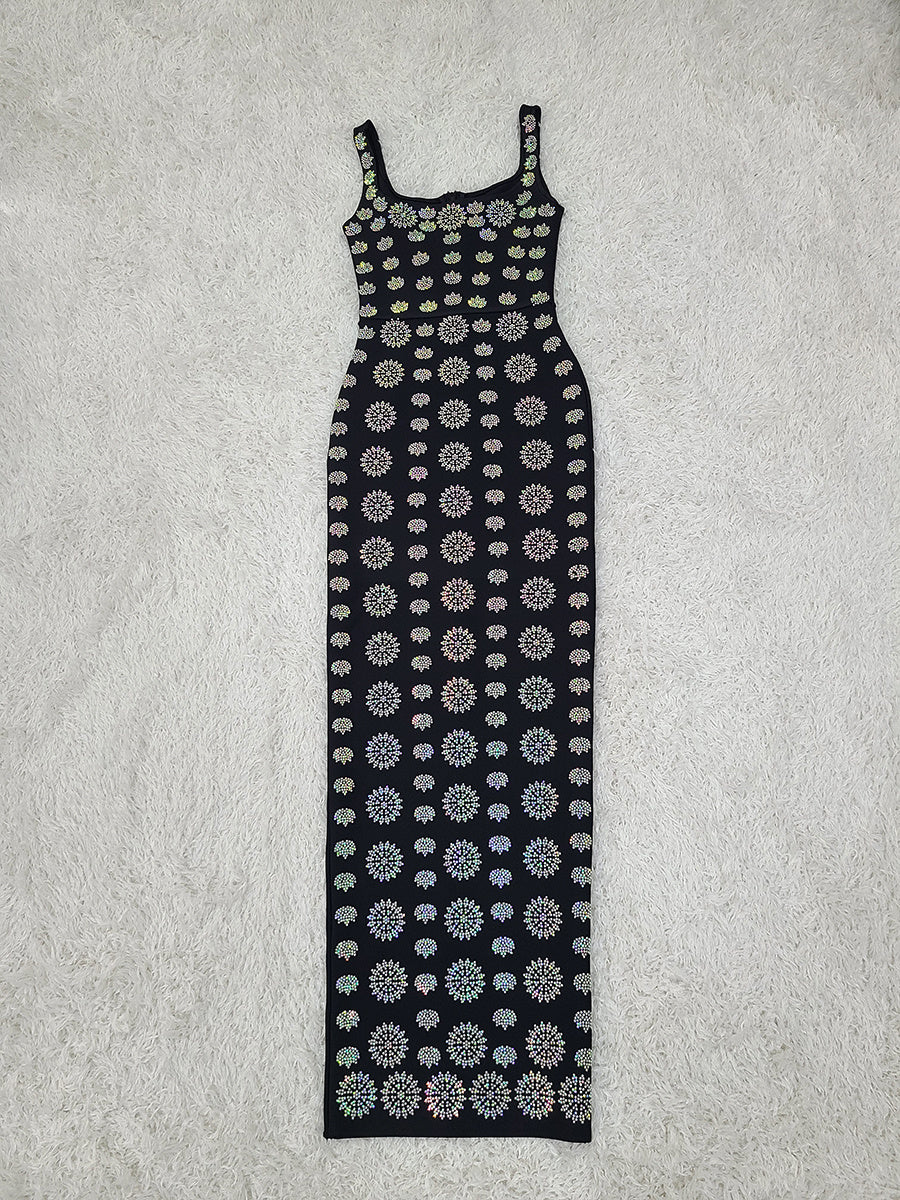 Black Sleeveless U-neck Rhinestone Slim Bandage Evening Dress