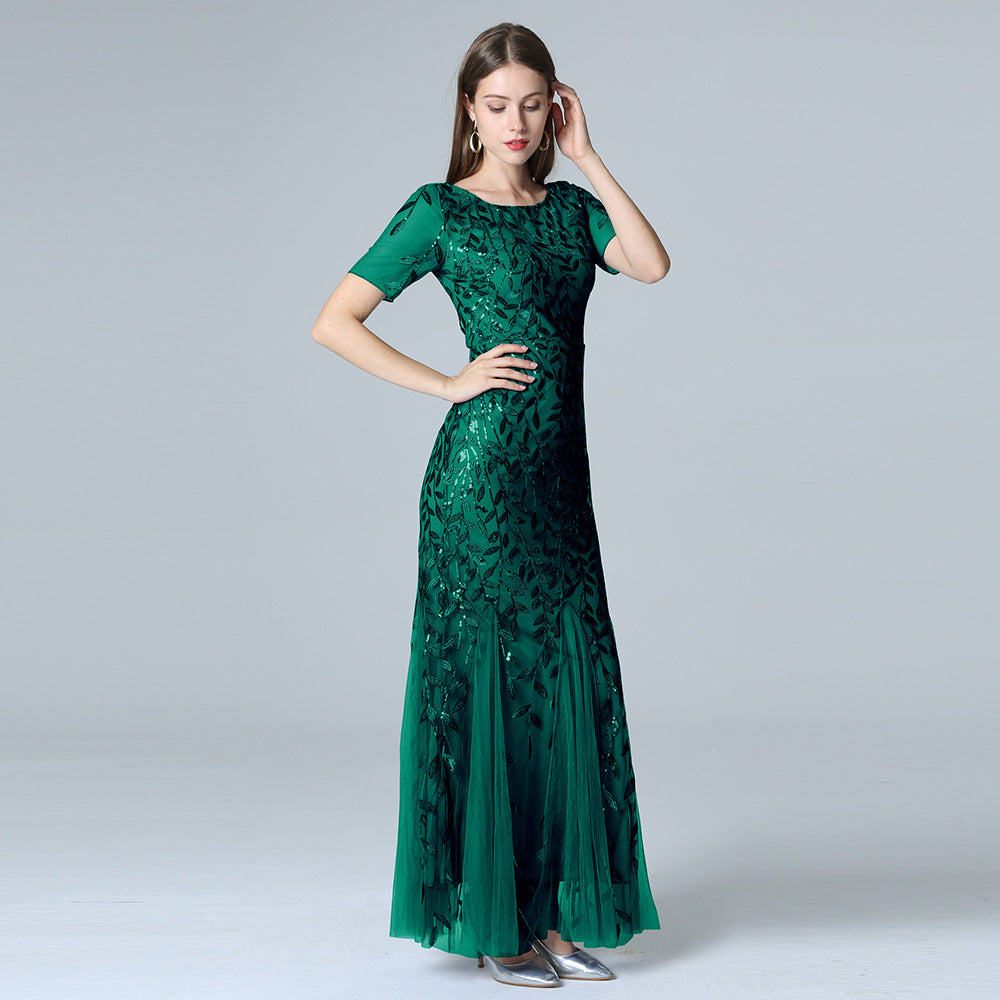 Fitted Short Sleeve Embroidery Evening Dress