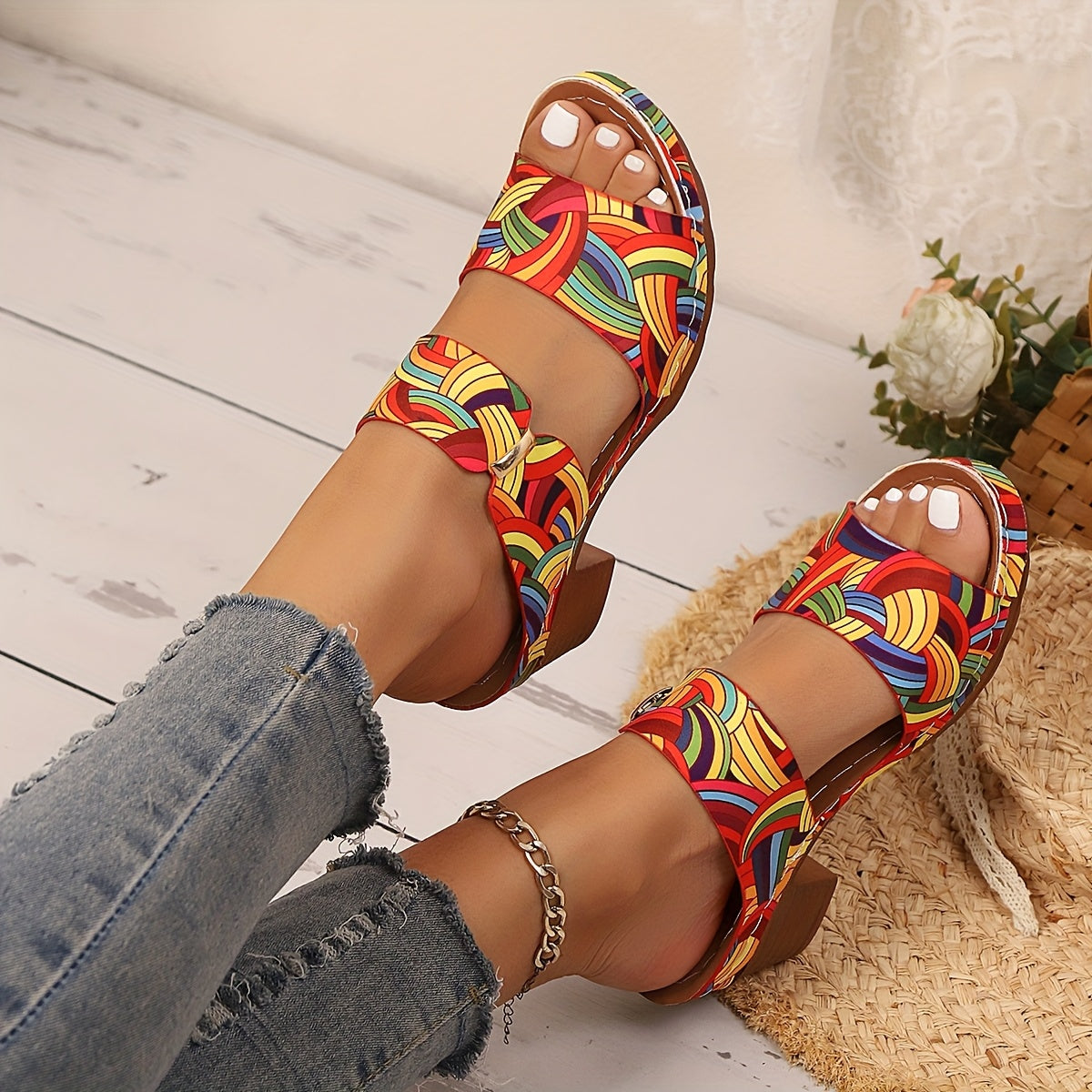 Slip-On Floral Block Heel Sandals
