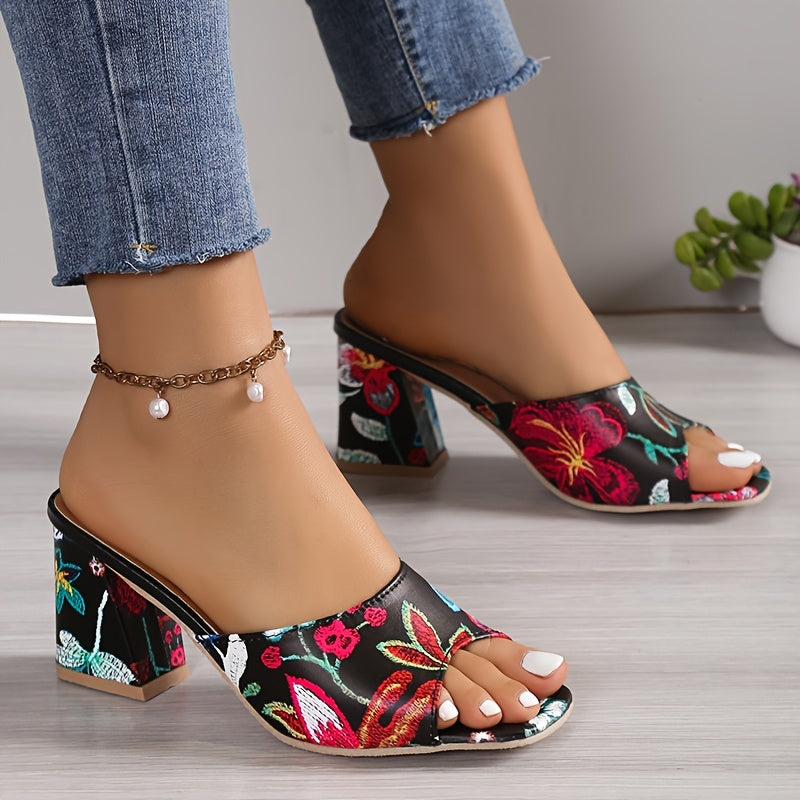 Floral Block Heel Slip-On Glam Sandals
