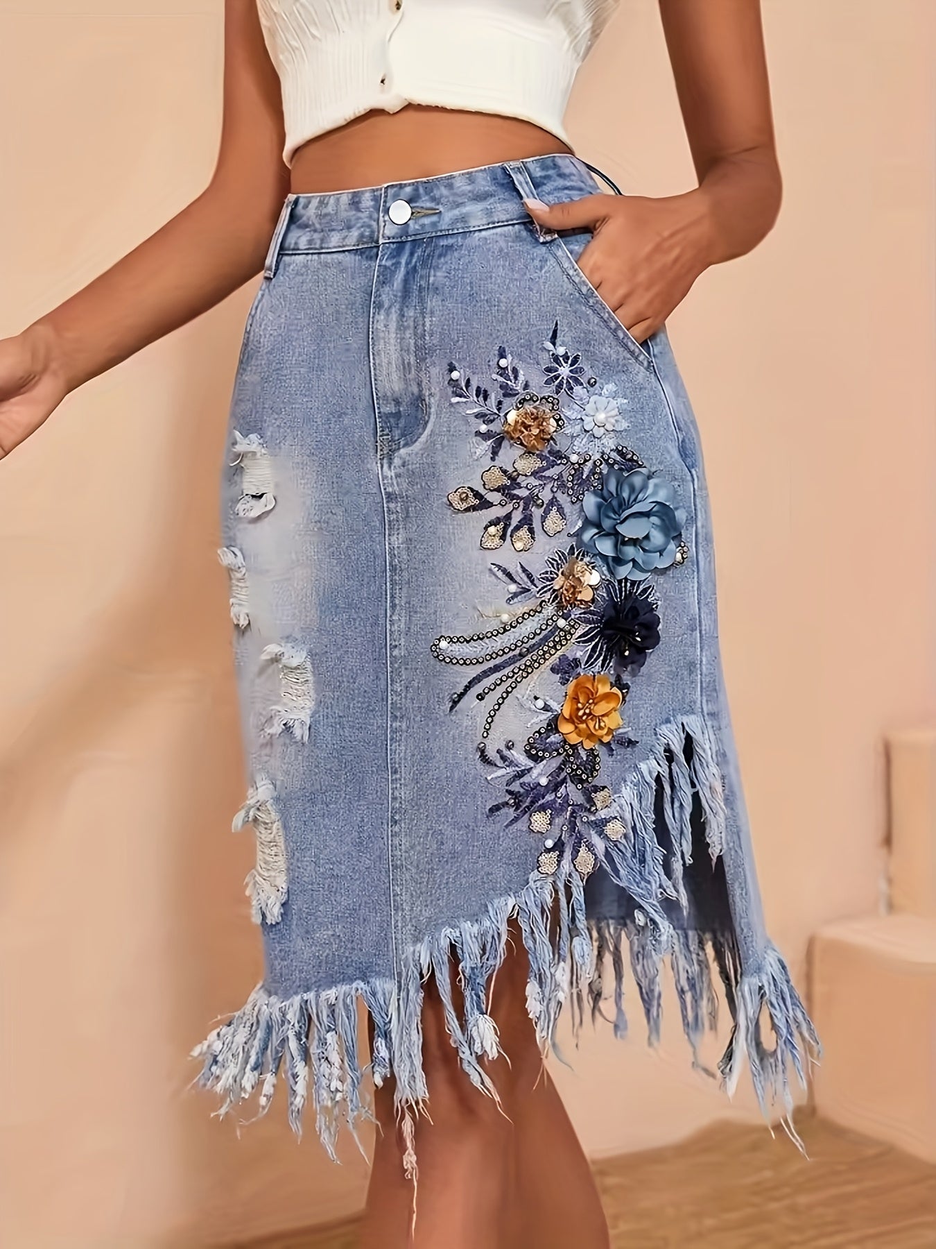 High-Waist Embroidered Distressed Denim Skirt With Fringe Hem