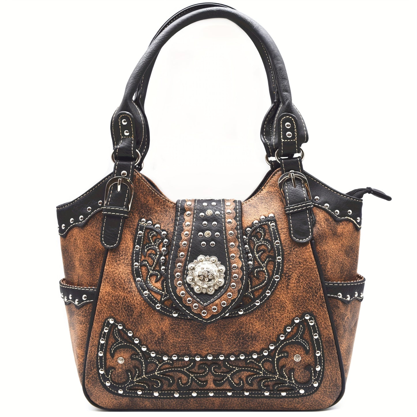Western Style Brown Concho Studded Shoulder Bag And Wallet Set