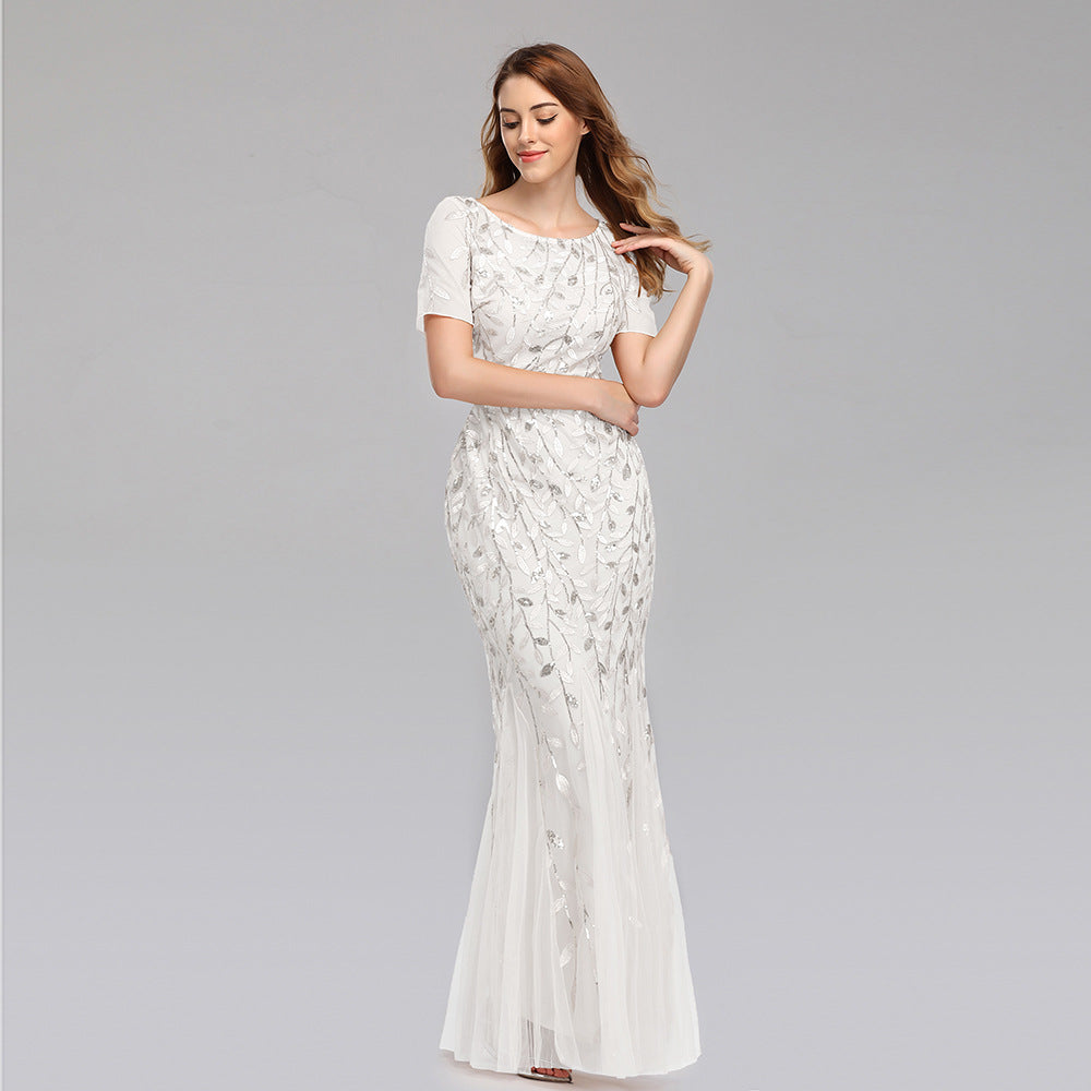 Fitted Short Sleeve Embroidery Evening Dress