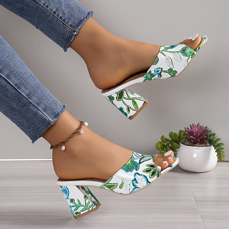 Floral Block Heel Slip-On Glam Sandals