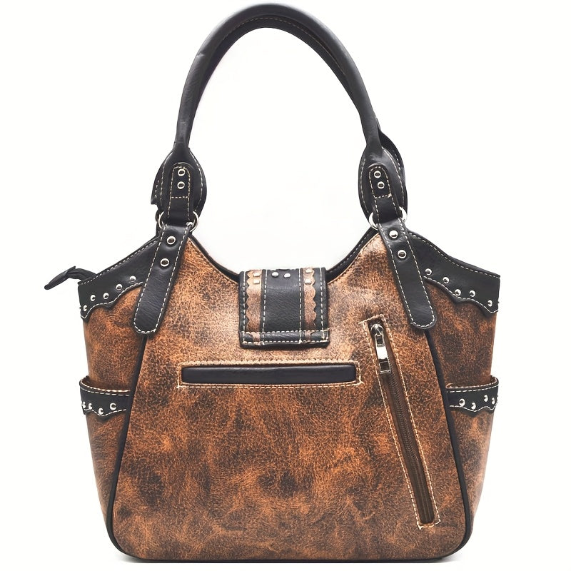 Western Style Brown Concho Studded Shoulder Bag And Wallet Set