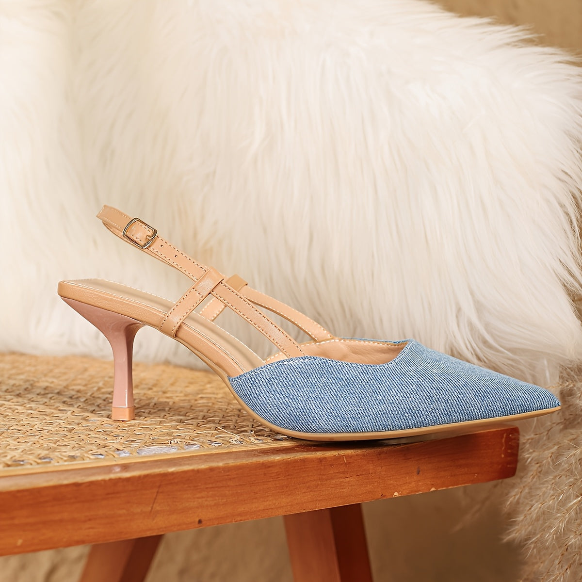 Denim Color Pointed Toe Mid Heel Sandals