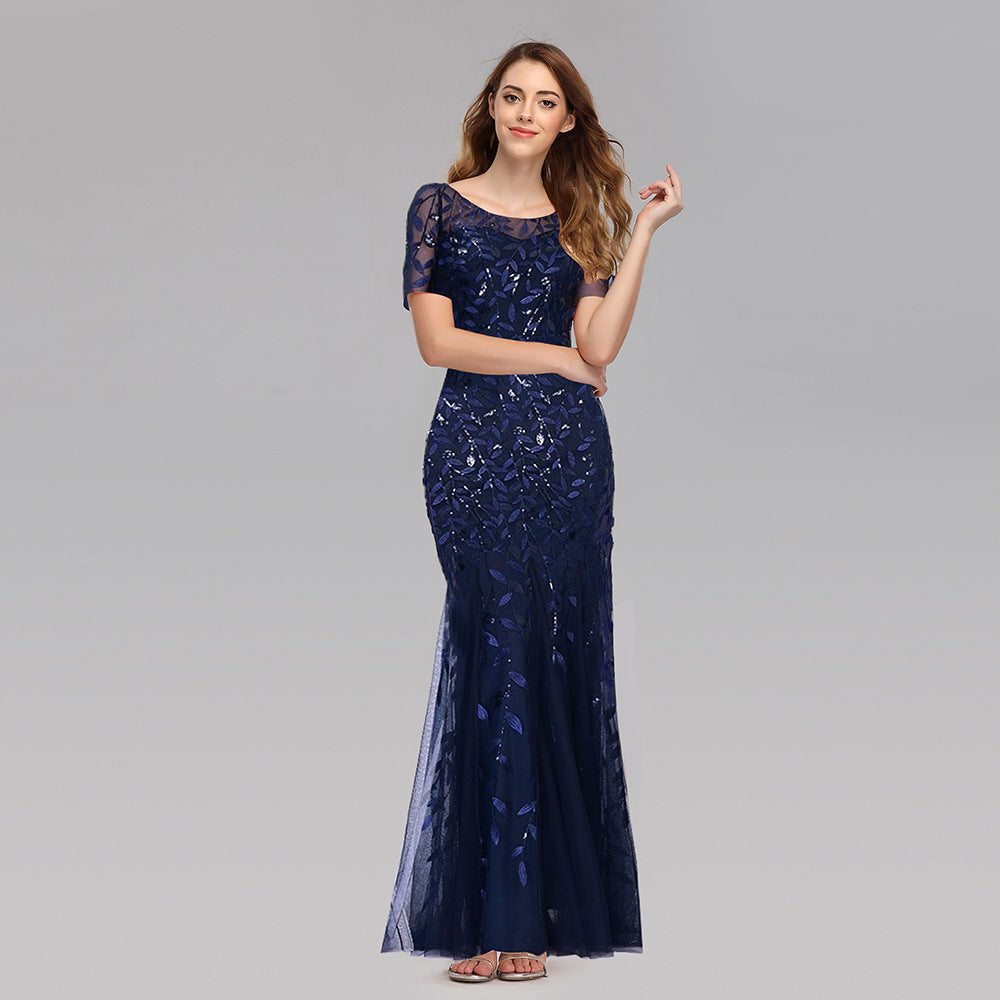 Fitted Short Sleeve Embroidery Evening Dress