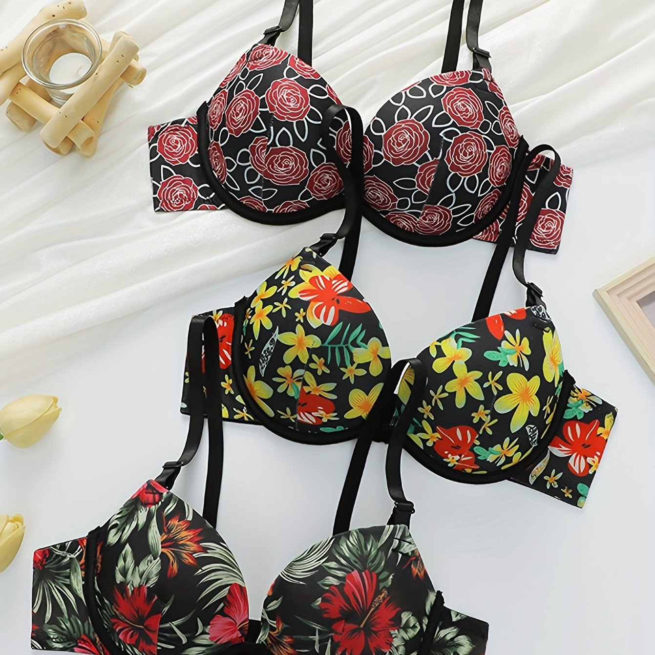 3pcs Floral Underwire Push-Up Bras