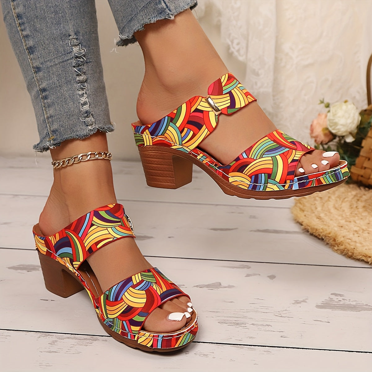 Slip-On Floral Block Heel Sandals